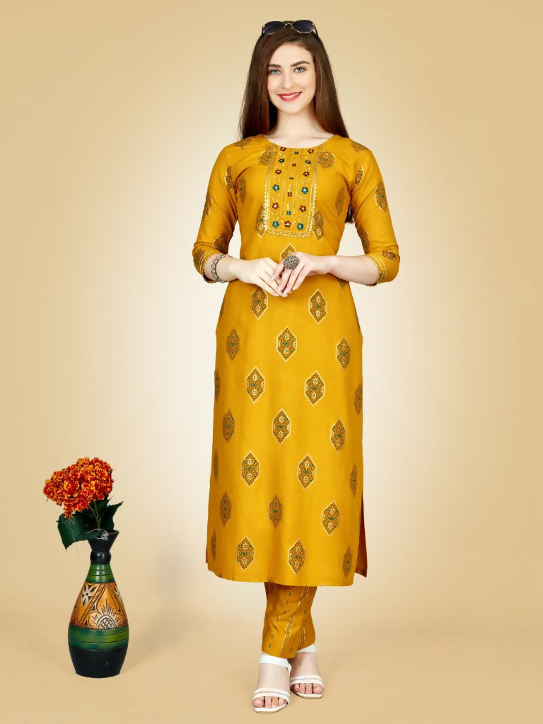 Jyoti Fashion Women's Yellow Viscose Rayon Embroidered Kurta Pant Set