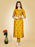 Jyoti Fashion Women's Yellow Viscose Rayon Embroidered Kurta Pant Set