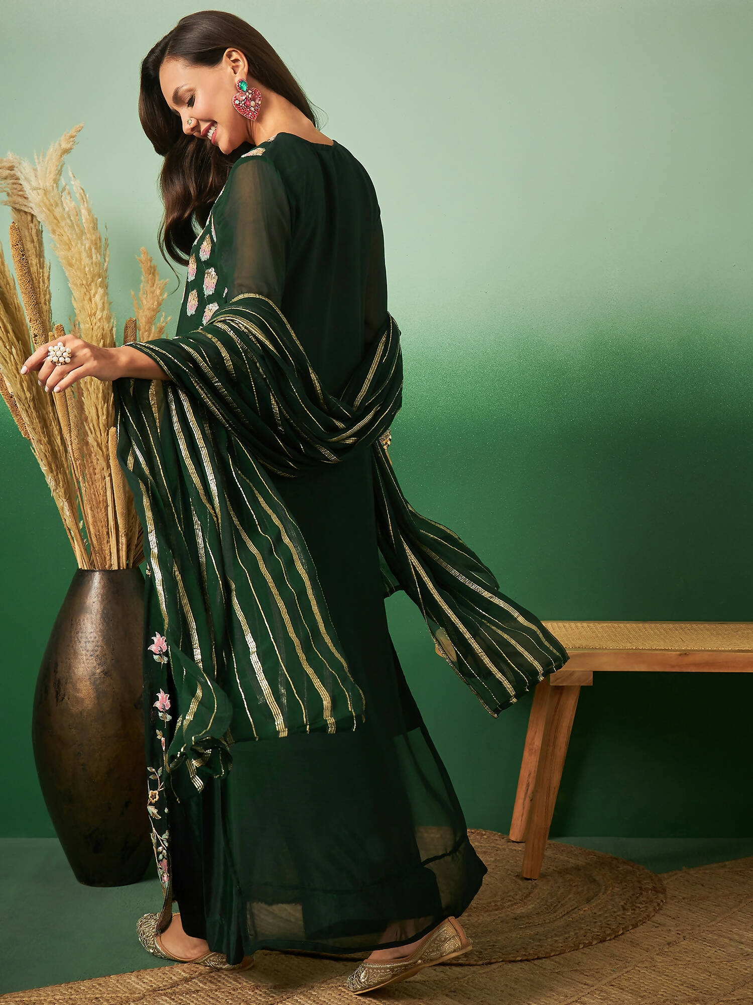 Green Georgette Handwork Unstitched Dress Material - Hanika