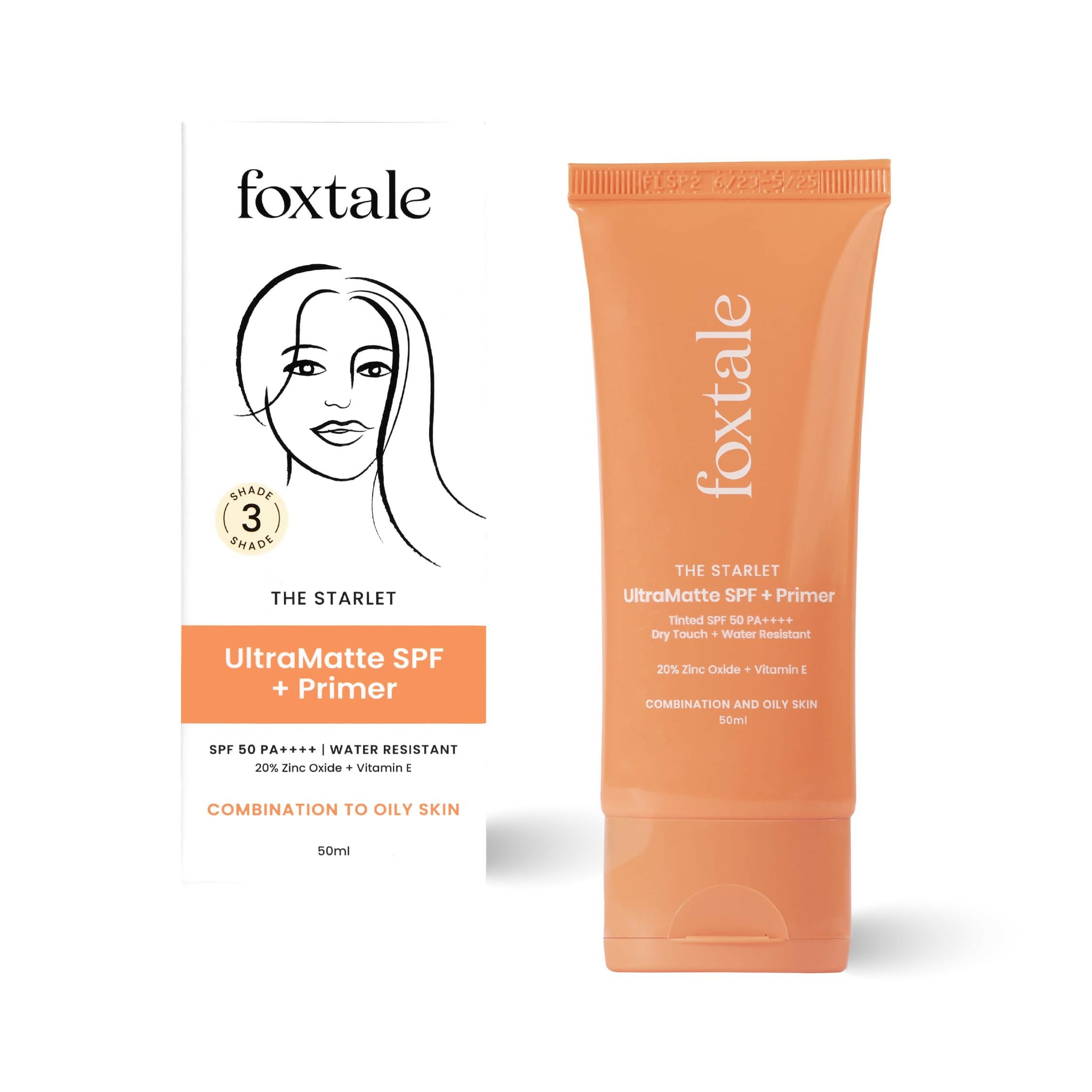 Foxtale Tinted Sunscreen SPF 50 PA++++ & Primer Shade 3 - Light, Water Resistant with Dry-Touch Finish, Blurs Out Pores