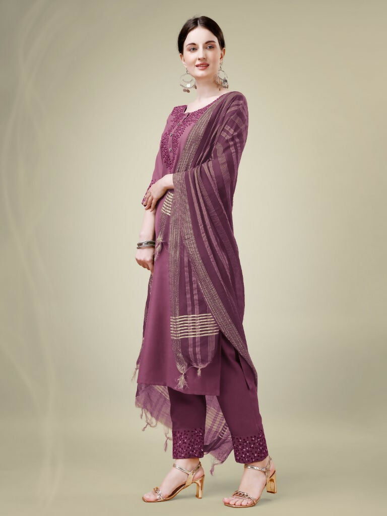 Jyoti Fashion Women's Onion Cotton Blend Embroidery & Sequence work Kurta with Trouser & Dupatta
