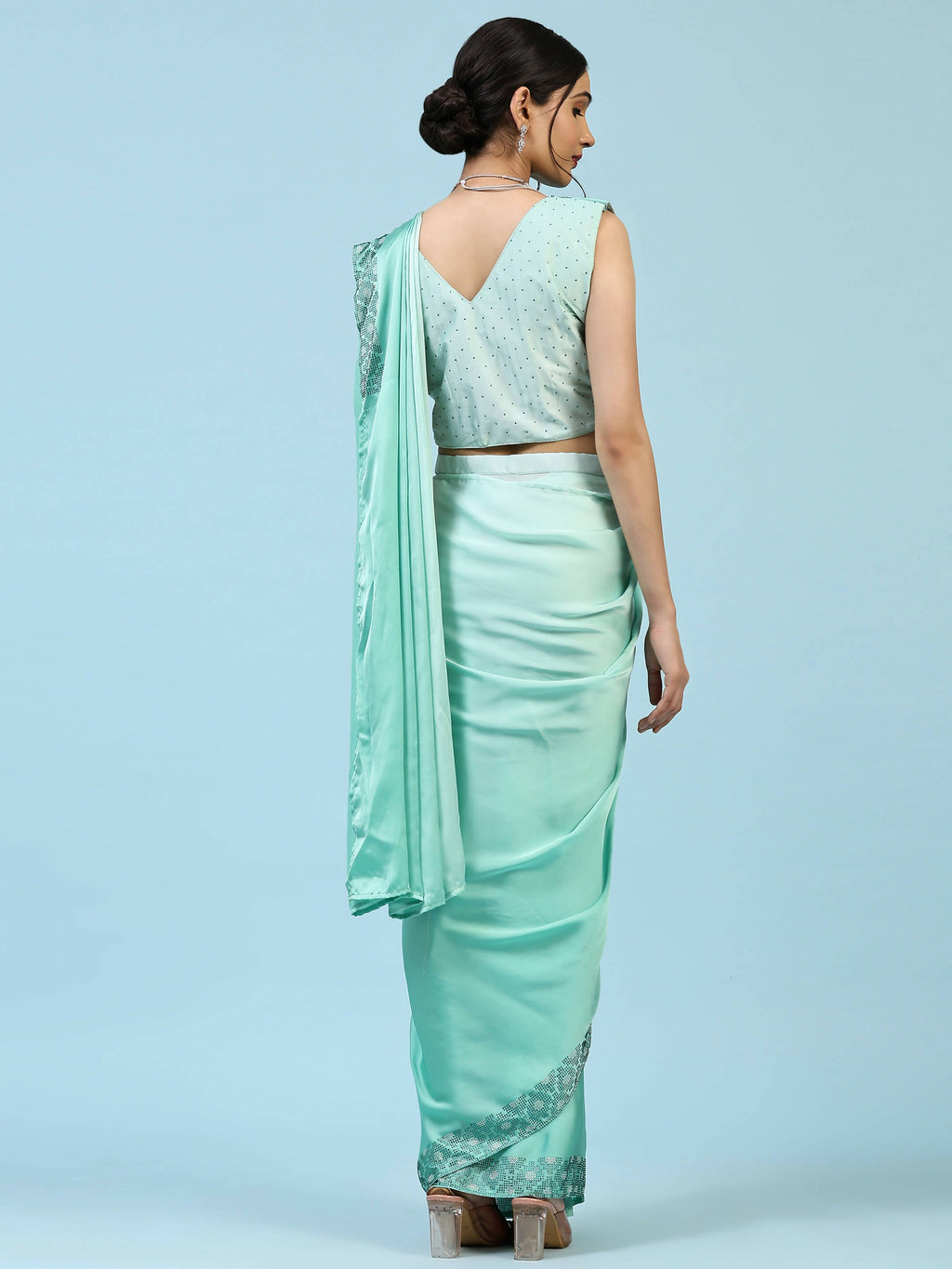 Sea Green Ombre Satin Georgette Plain Ready to wear Saree with stitched Blouse - Vrinda