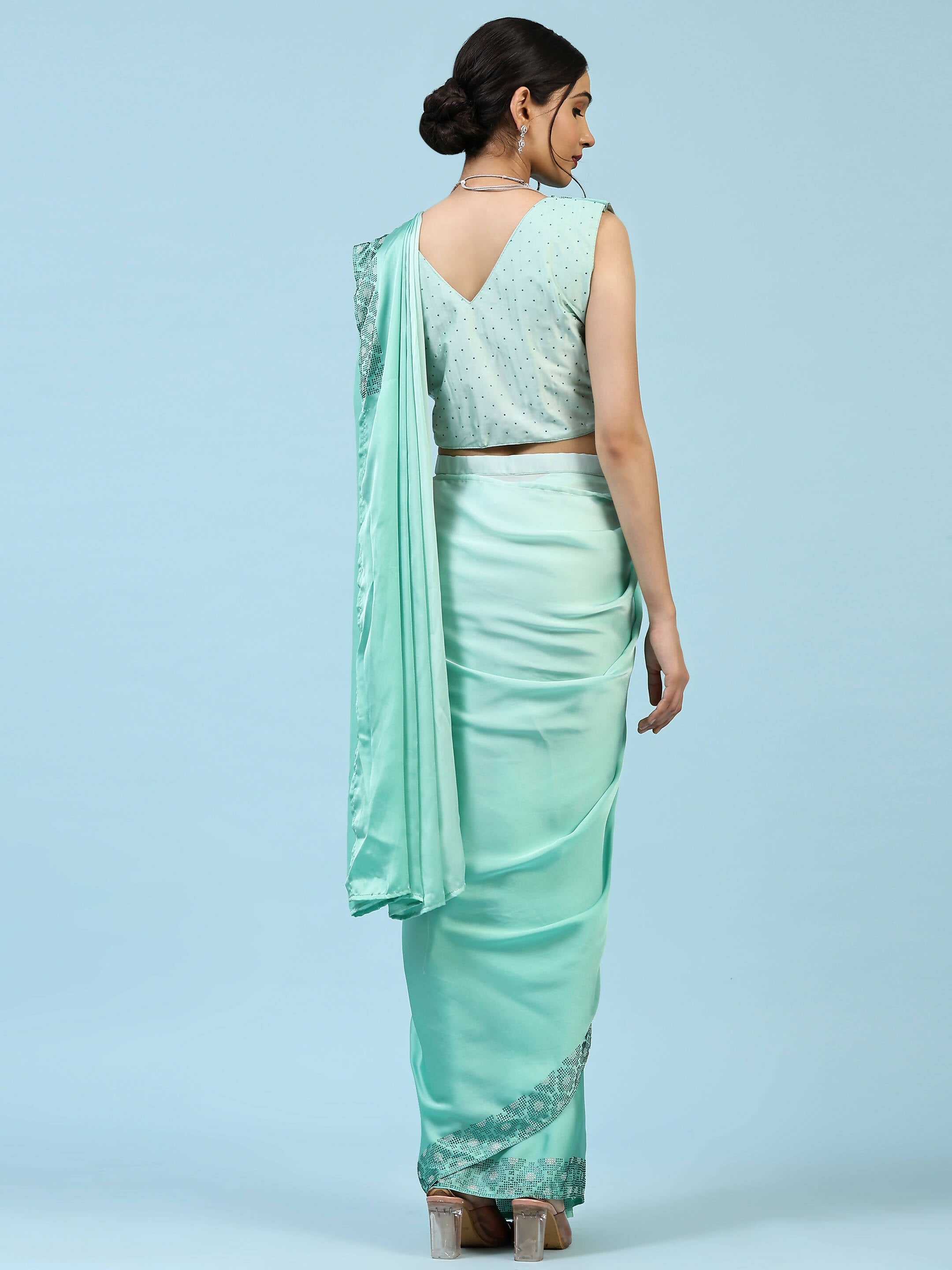 Sea Green Ombre Satin Georgette Plain Ready to wear Saree with stitched Blouse - Vrinda