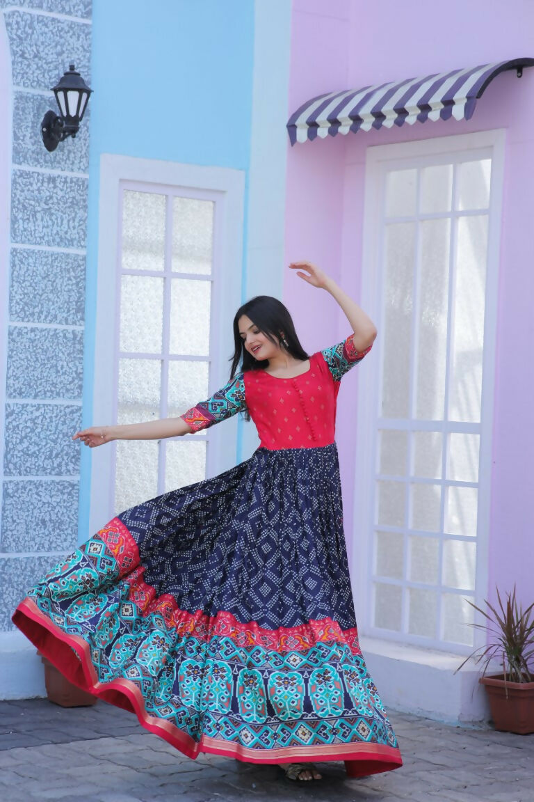 Jyoti Fashion Women's Navy Blue Patola with Foil Print Dola Silk Anarkali Dress