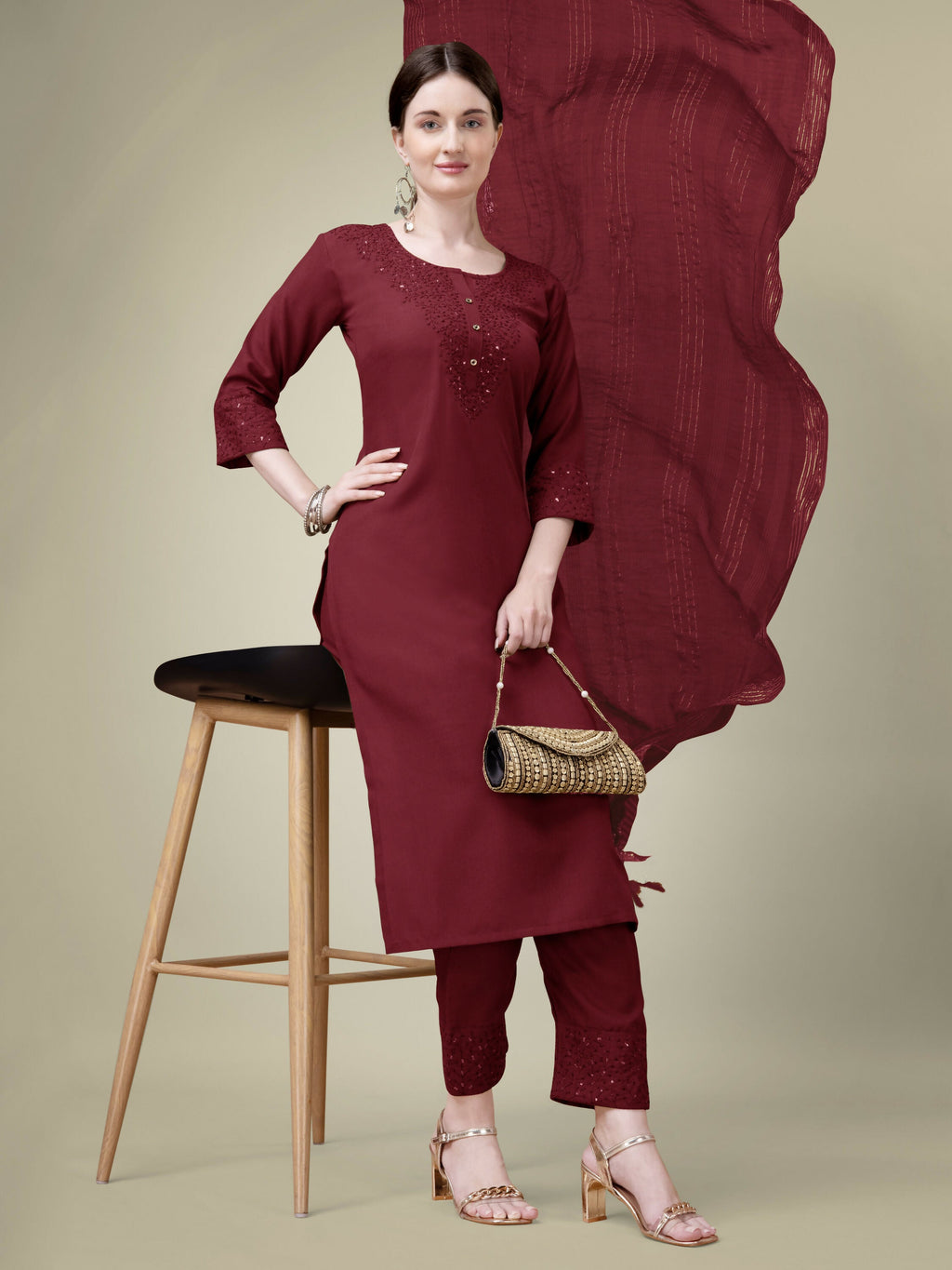 Jyoti Fashion Women's Maroon Cotton Blend Embroidery & Sequence work Kurta with Trouser & Dupatta