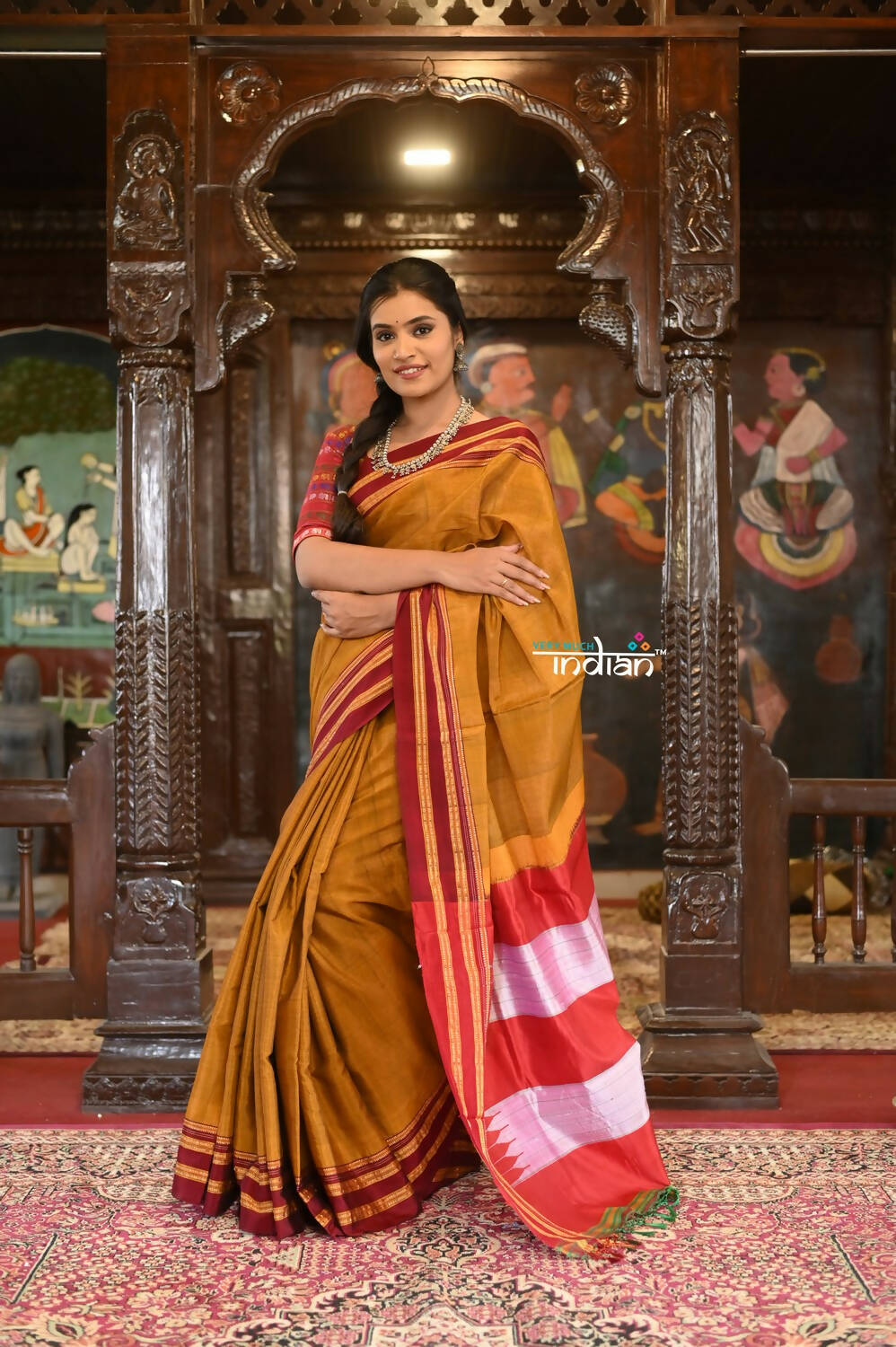 Very Much Indian Handloom Cotton Viscose Ilkal Saree Bright Beige Yellow