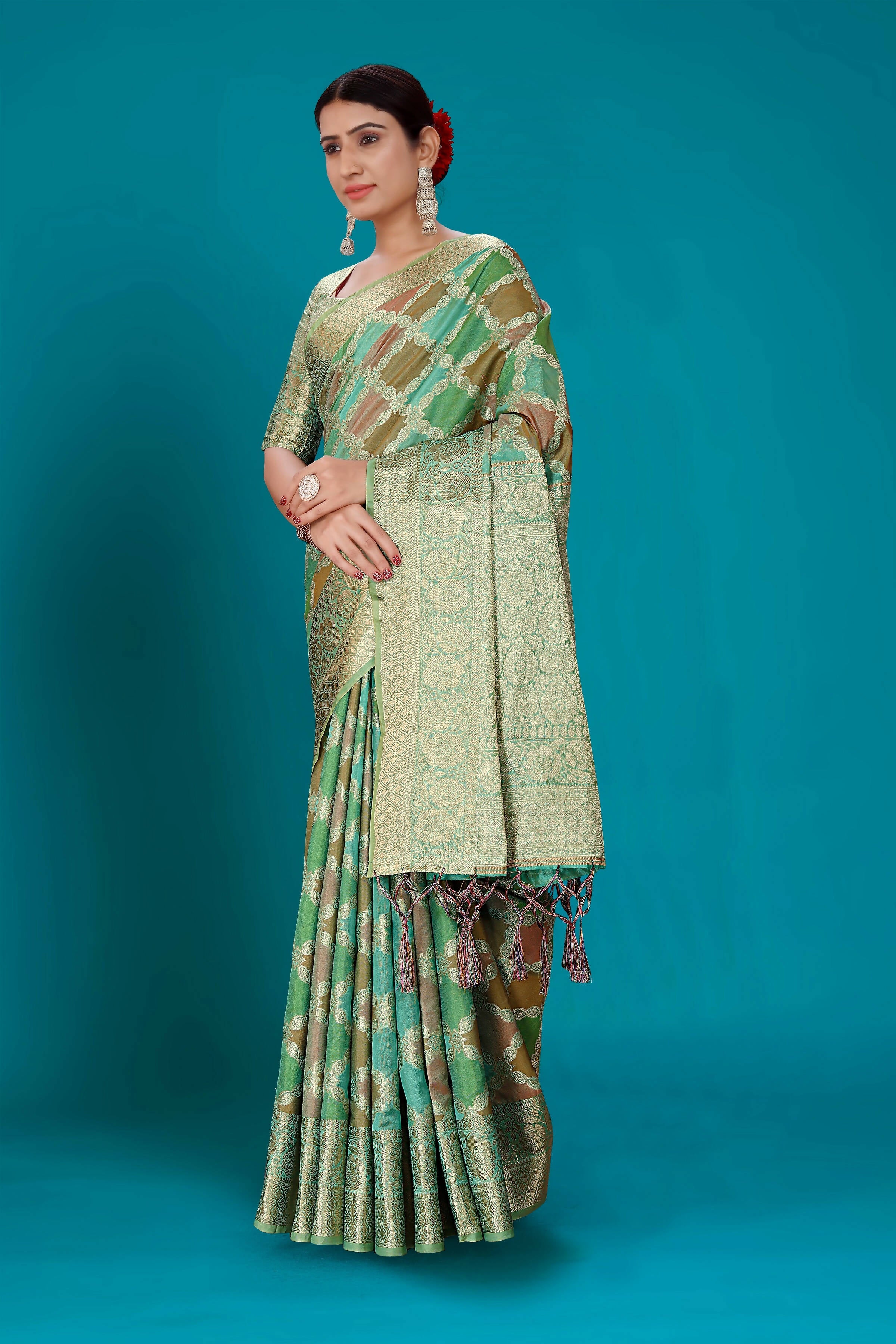 Sea Green Soft Organza Woven Design Saree with Unstitched Blouse Piece - Zaara