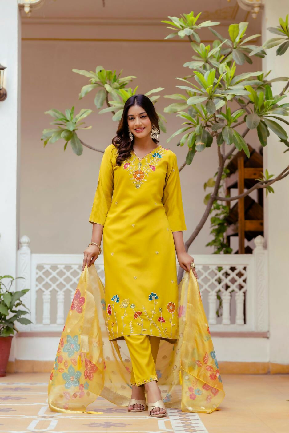 The52 Yellow Women's Gorgeous Embroidered work Viscose Gadhwal Fabric Straight Kurta, Pant and Dupatta Set