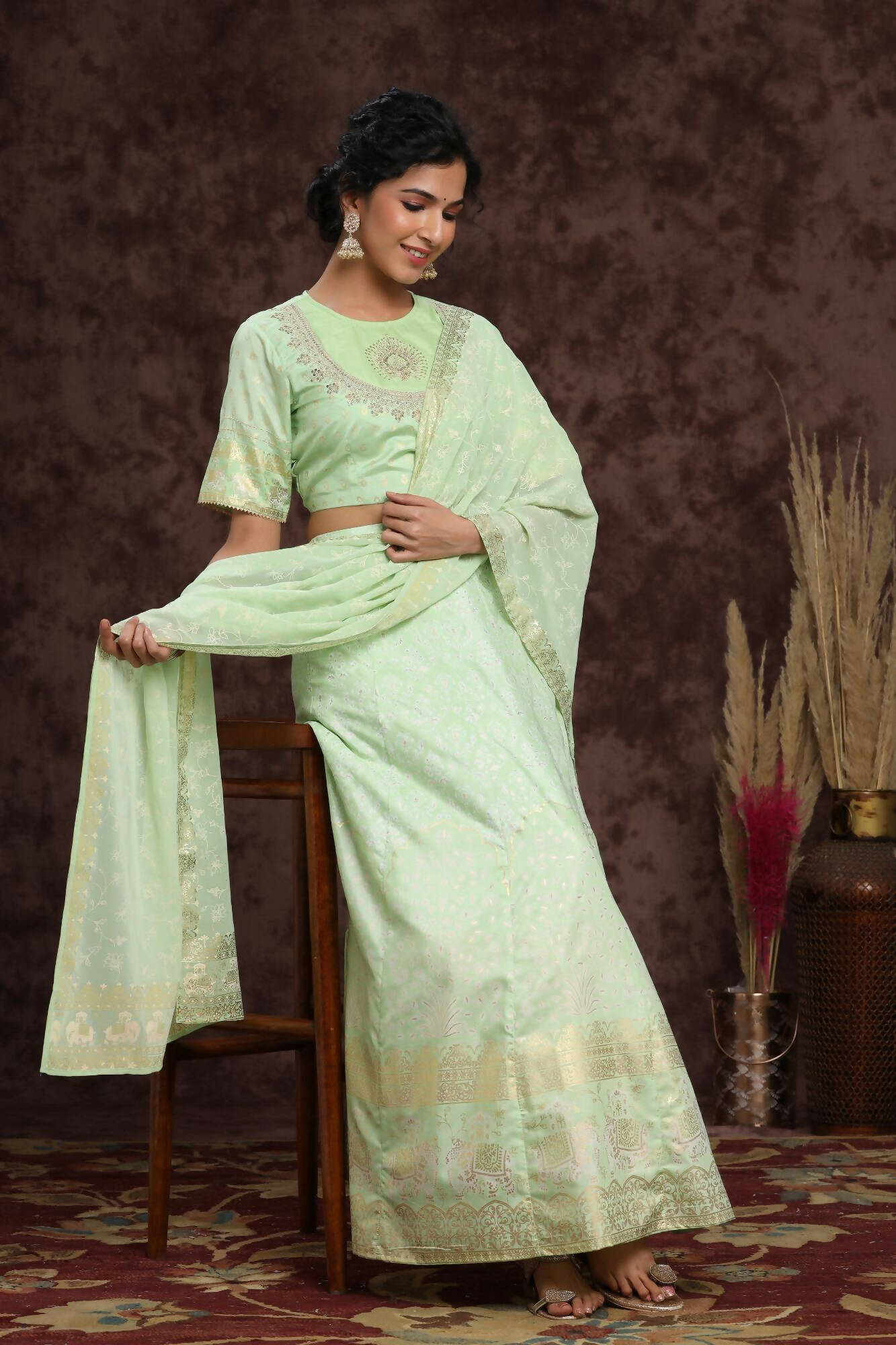 Juniper Women Mint Shantoon Embroidered Flared Lehenga Choli Sets