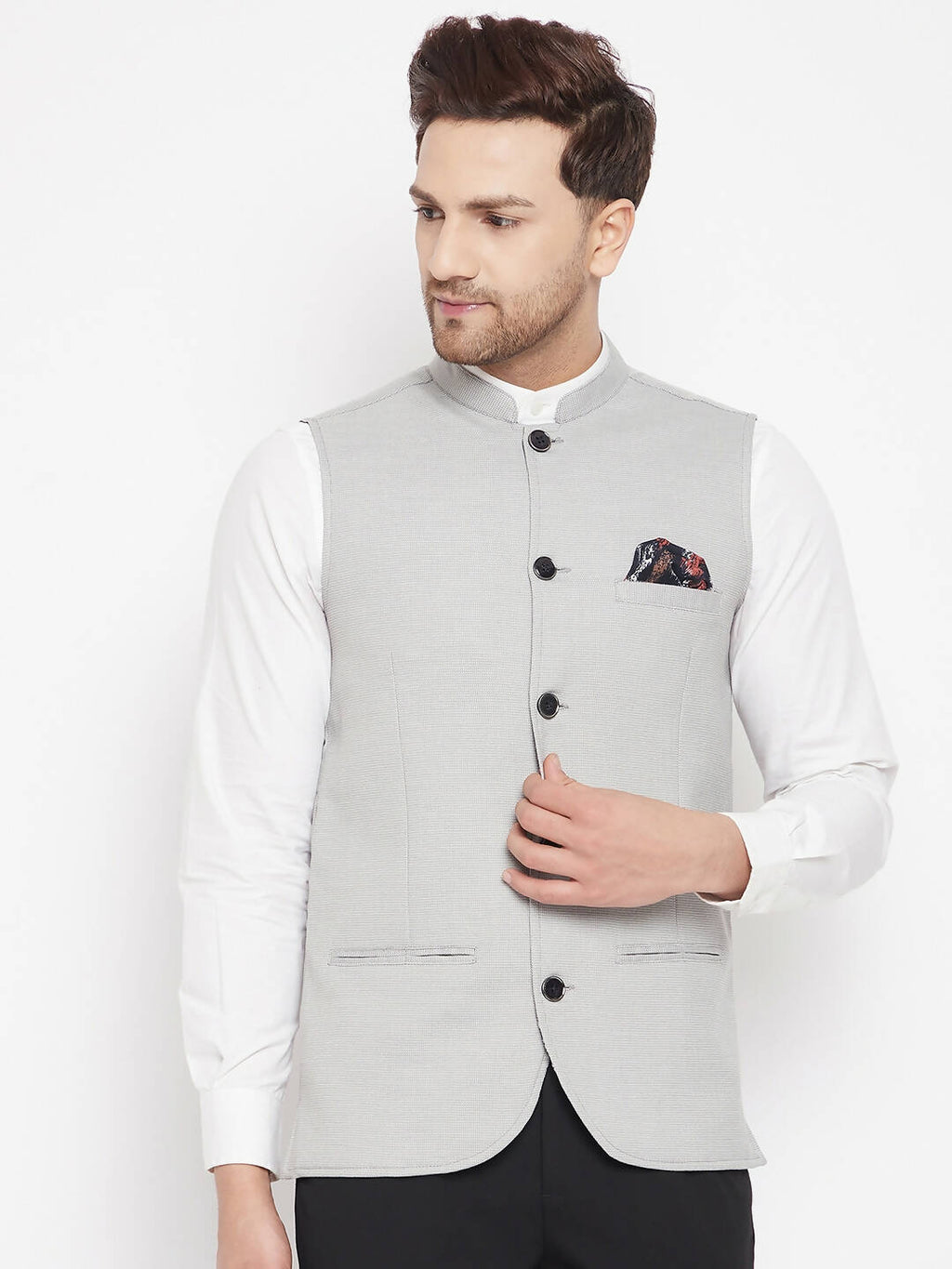 Even Apparels Grey Merino Men's Nehru Jacket-Contrast Lining-Free Pocket Square