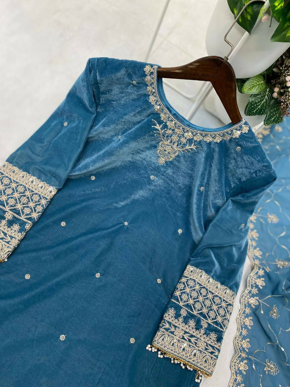 Vastranavya Sea Blue Velvet Sequence Embroidery Work Kurta & Bottom With Dupatta