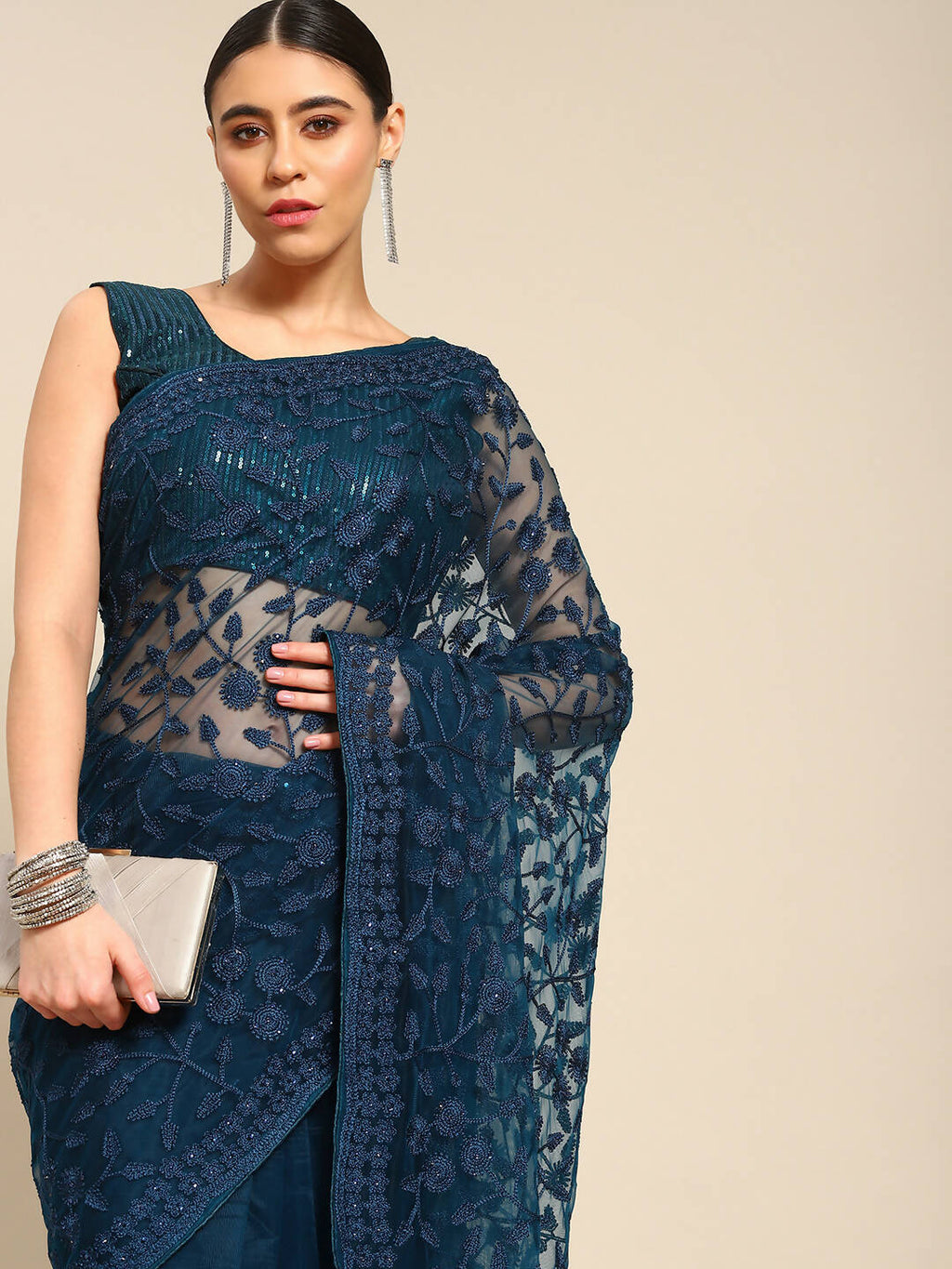 Blue Woven Design Net Saree with Blouse Piece - Kalamkari