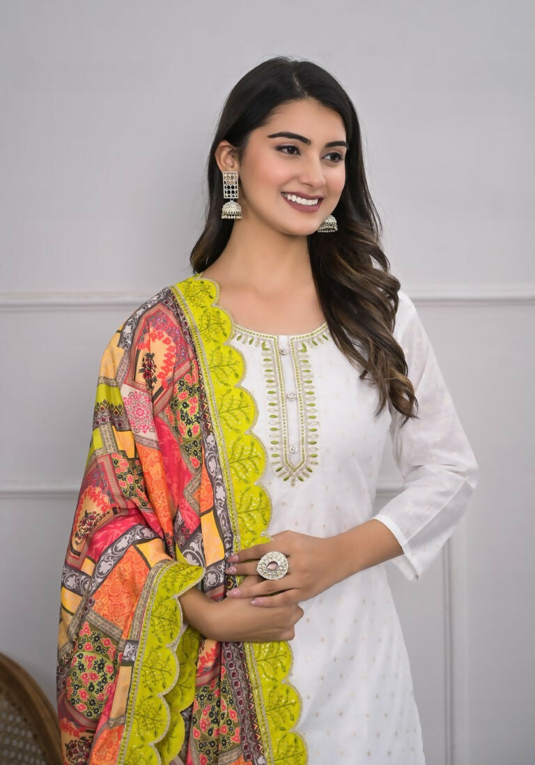 White Viscose Silk Embroidery with Thread and sequence Stitched Suit With Dupatta - Tanisha