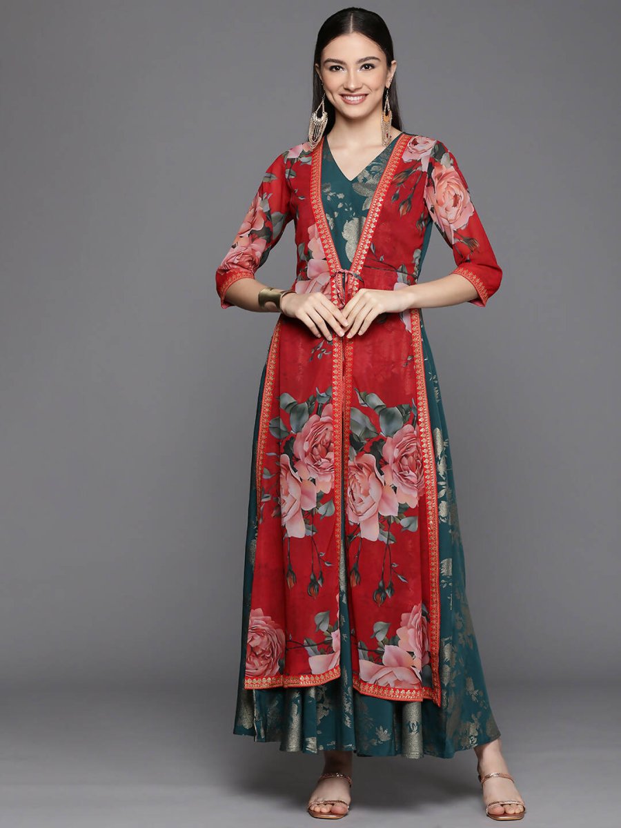 Ahalyaa Women's Green Crepe Gold Smoke Printed Dress