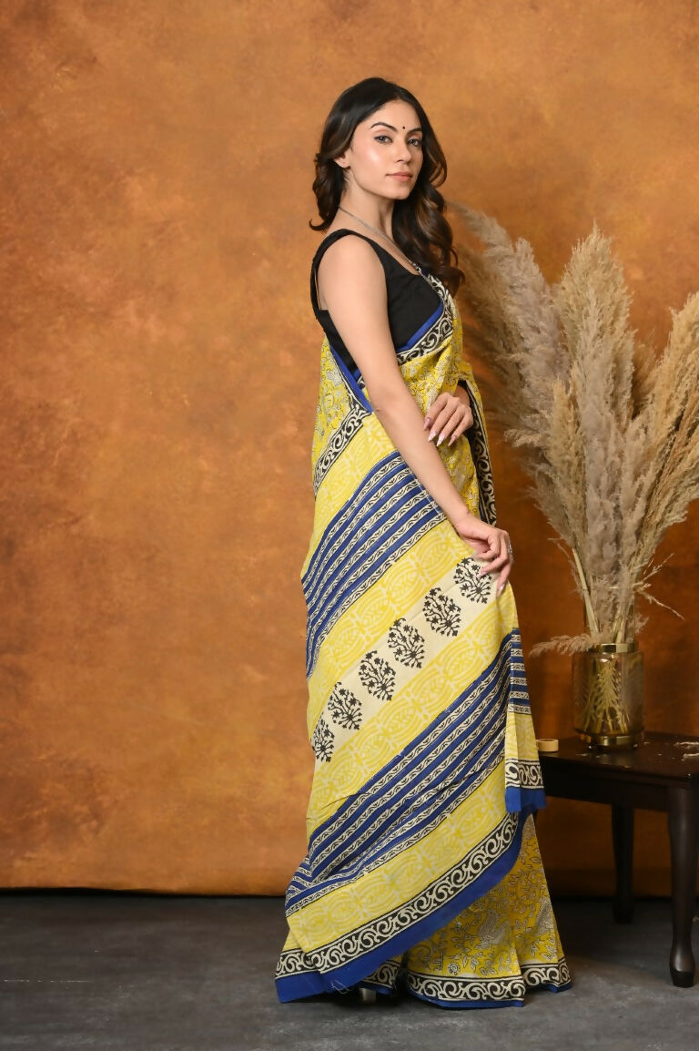 Very Much Indian Handblock Printed Cotton Saree With Natural Dyes - Green