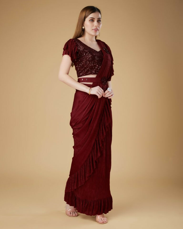 Maroon Imported Crush Solid Ready to Wear Saree with stitched Blouse - Aayan