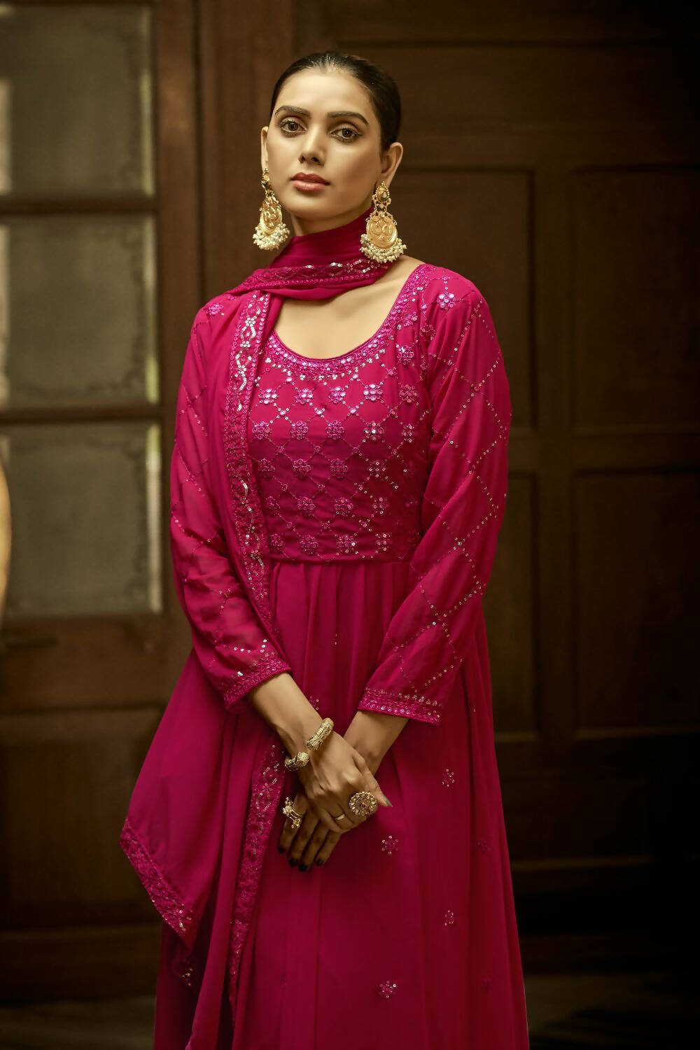 Pink Heavy Faux Georgette Anarkali Embroidered Kurta Set - Dhvani