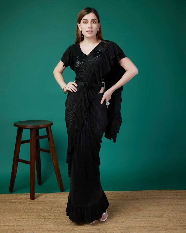 Black Imported Crush Solid Ready to Wear Saree with stitched Blouse - Aayan