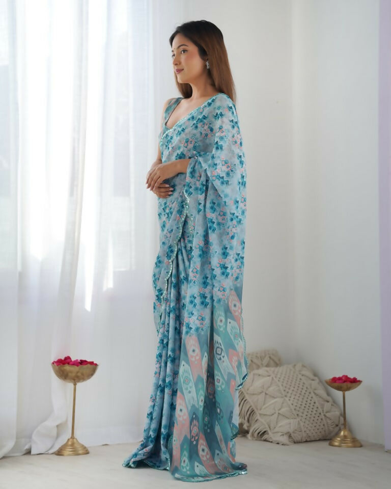 Blue Chinon Designer Digital Printed & Mirror Cut Work Saree - Kriti