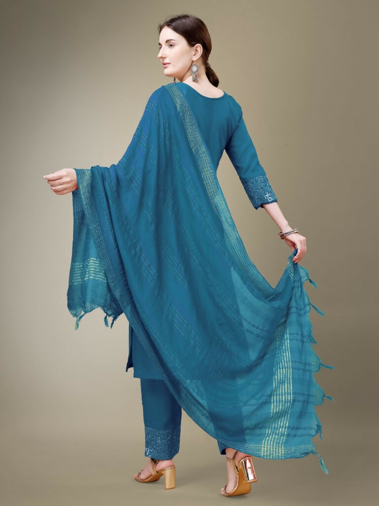 Jyoti Fashion Women's Morpich Cotton Blend Embroidery & Fancy Lace work Kurta with Trouser & Dupatta