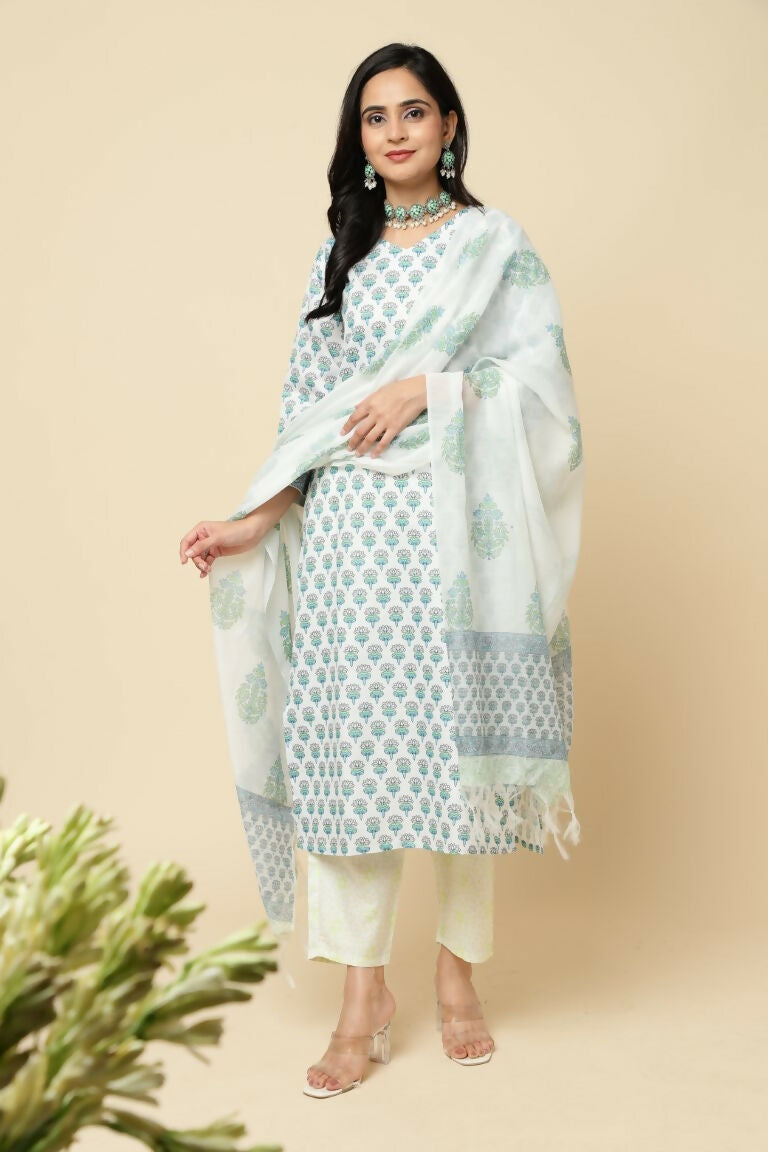 Designer Stylish Skyblue Cotton Blend Stitched Suit With Dupatta - Tanisha
