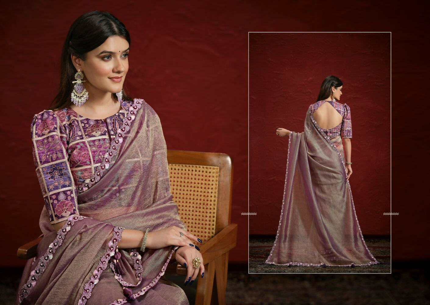 Purple Pure Banarasi Jari Crinkle Sequence with Handwork Saree with Stitched Blouse - Mohmanthan Aaina