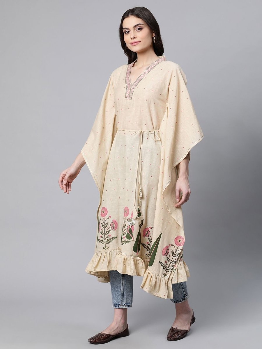 Ahalyaa Women Beige Pure Cotton Floral Printed Kaftan Kurta