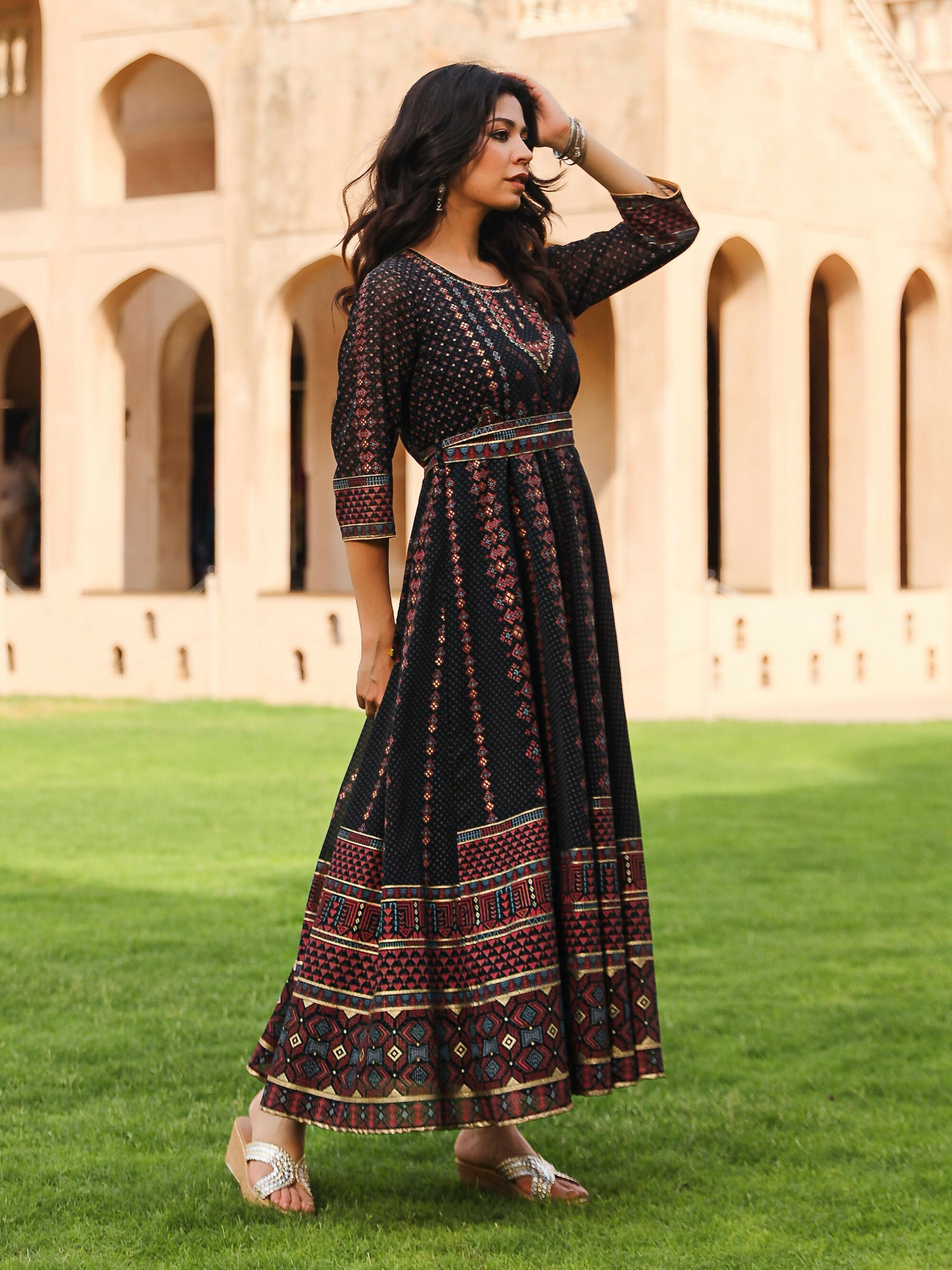 Juniper Women's The Mahautsavam Black Ethnic Motif Printed Georgette Dress With Sequins & Beads