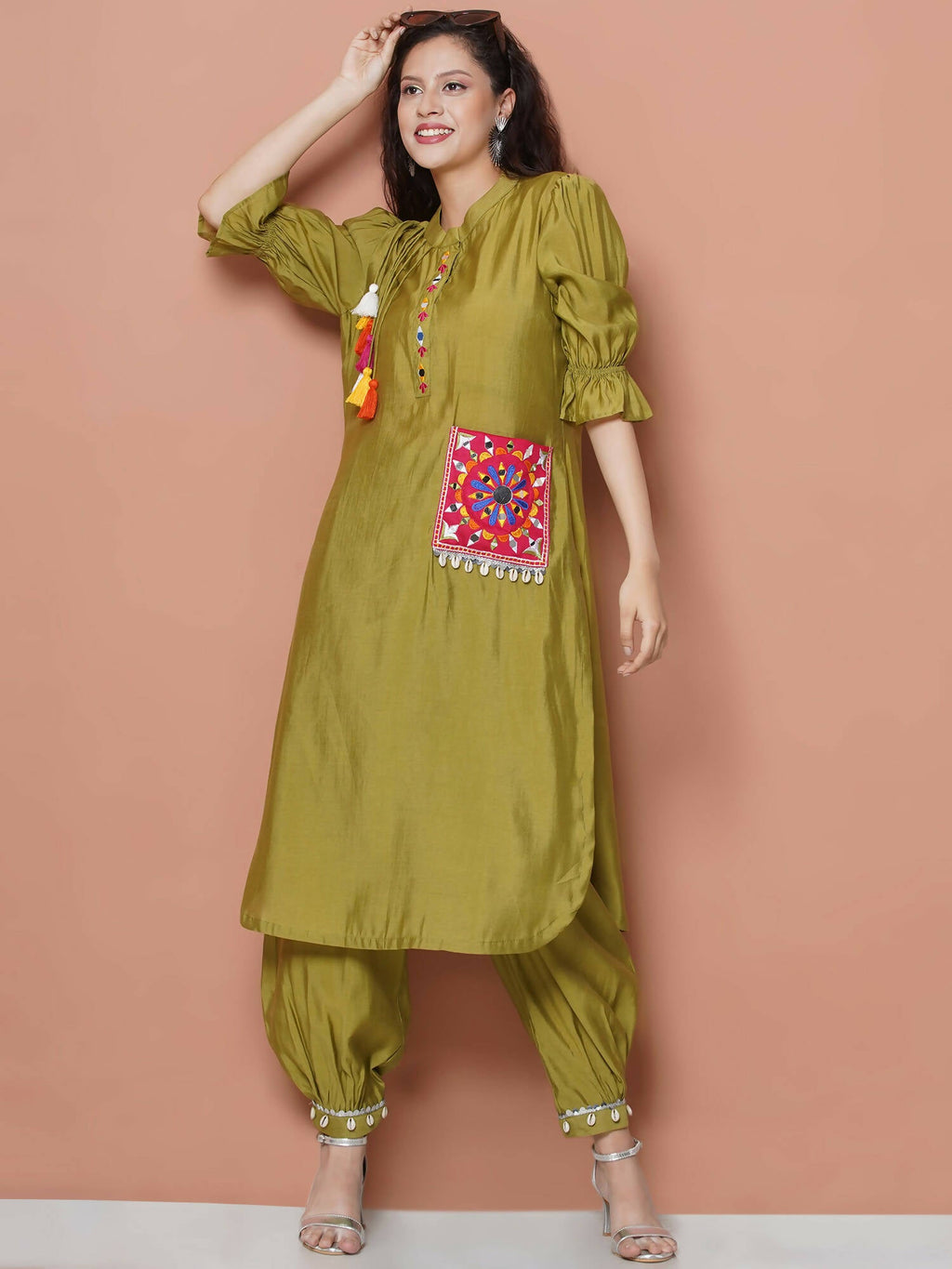 Women Republic Green Art Silk Embroidered Kurta with Afghani Salwar