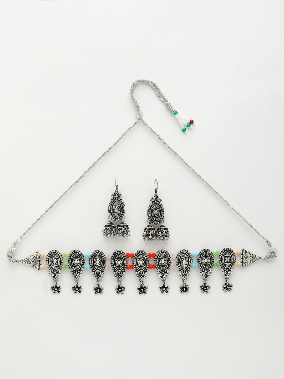 NVR Women's Silver-Plated Choke Oxidized Necklace with Jhumka Earrings