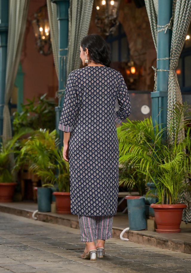 Juniper Women's Navy Ethnic Motif Printed Cotton Kurta Pant And Dupatta Set With Mirror Work & Sequins