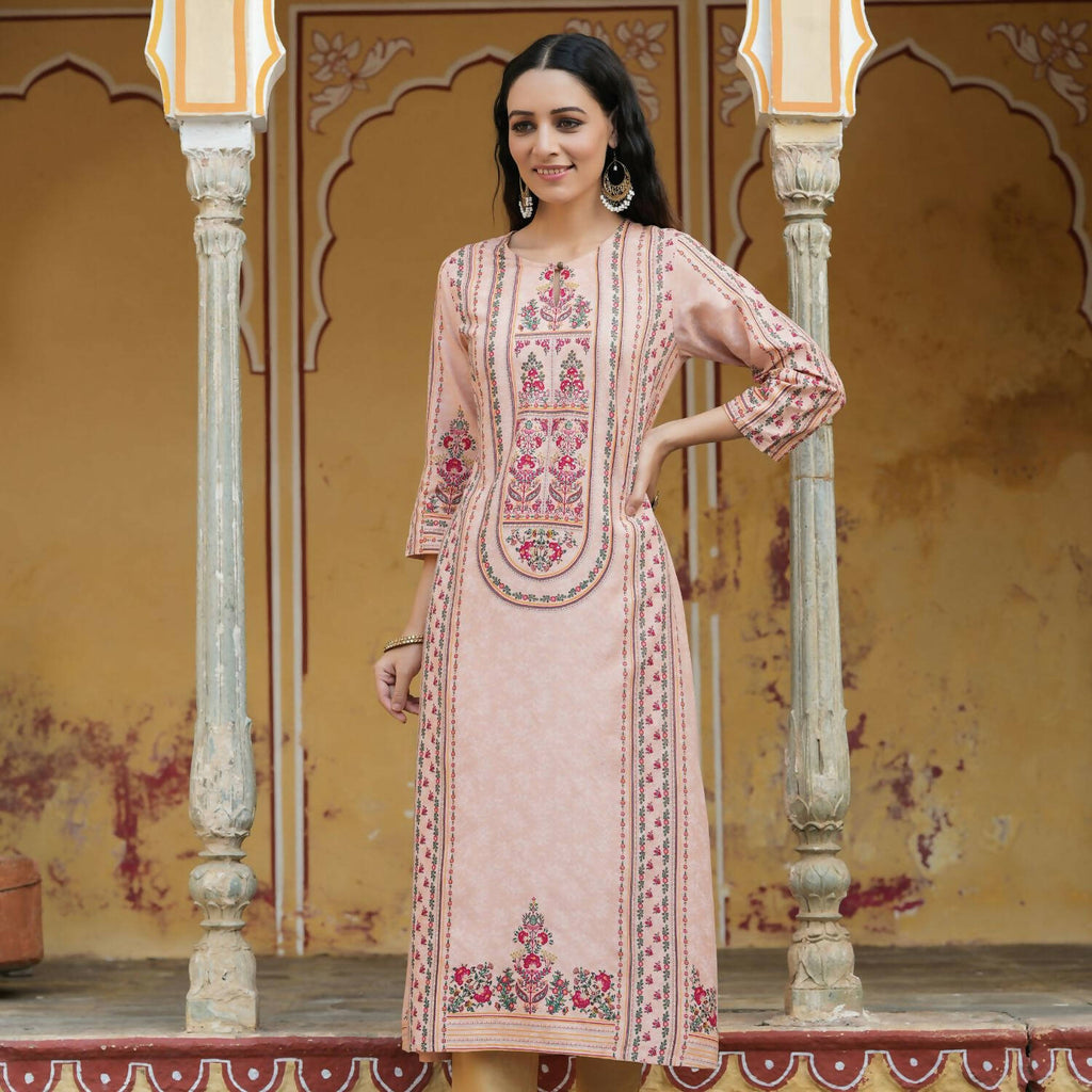 Juniper Women's Peach Rayon Staple Printed A-Line Kurta
