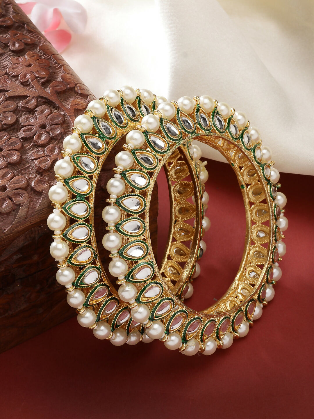NVR Women's Set Of 2 Gold-Polished Kundan-Studded & Pearls-Beaded Bangles