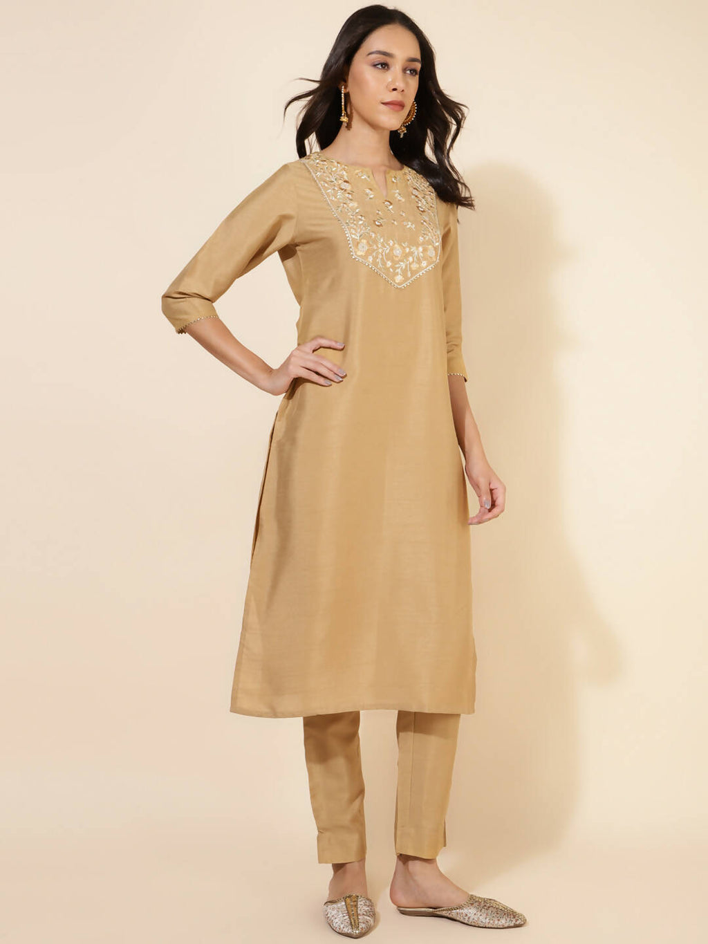 Janasya Women's Gold Crepe Silk Yoke Embroidery Festive Straight Kurta Set