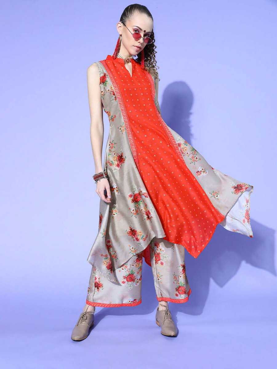 Ahalyaa Women Beige Colour Chanderi Digital Printed Kurta Palazzo Set