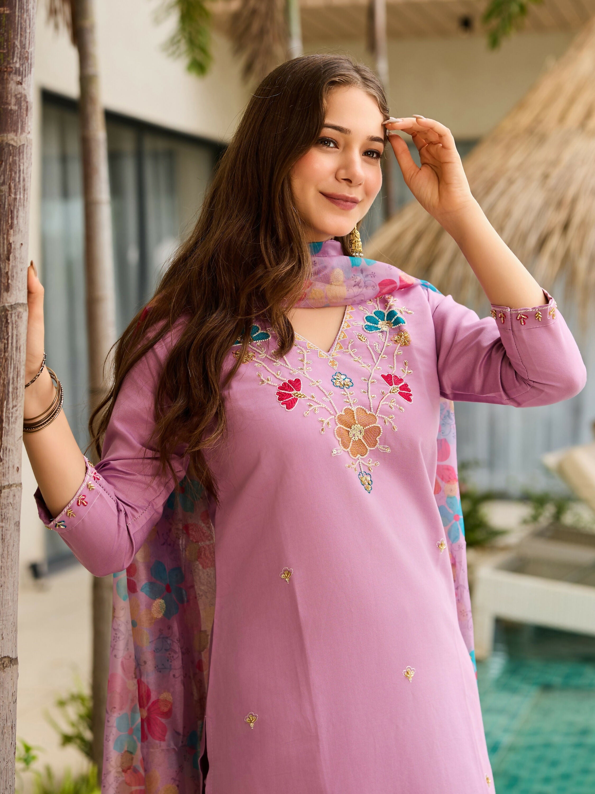 The52 Lavender Women's Gorgeous Embroidered work Viscose Gadhwal Fabric Straight Kurta, Pant and Dupatta Set