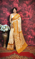 Exclusive Collection Beautiful Batique Print Yellow Pure Cotton Hand Print Handloomsaree With Running Blouse Piece