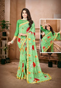 Green Georgette Floral Printed Saree With Unstitched Blouse Piece - Jyoti