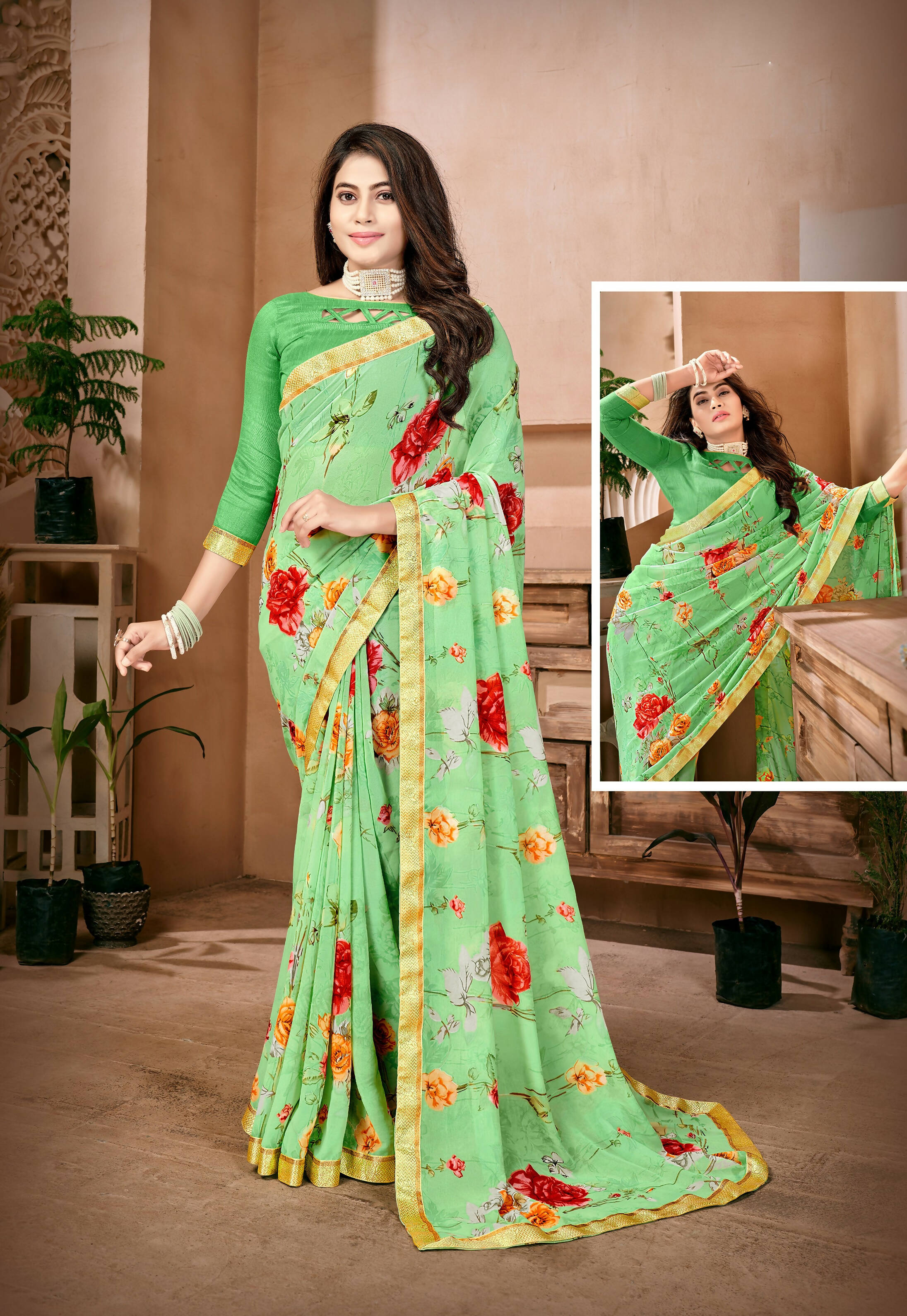 Green Georgette Floral Printed Saree With Unstitched Blouse Piece - Jyoti
