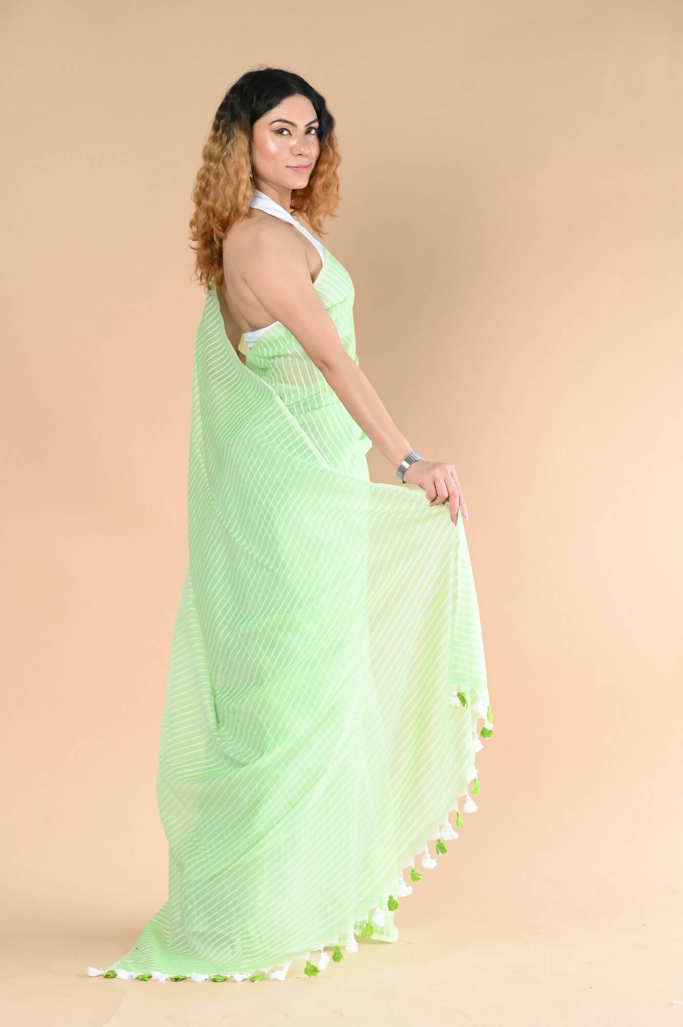 Very Much Indian Designer Pure Cotton Saree With All Over Linear Stripes - Fern Green