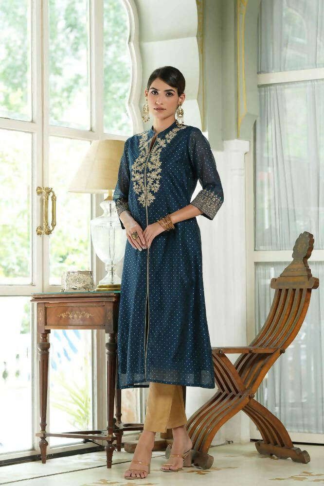 Juniper Blue Chanderi Festive Embroidered Polka Dot Printed A-Line Kurta For Women