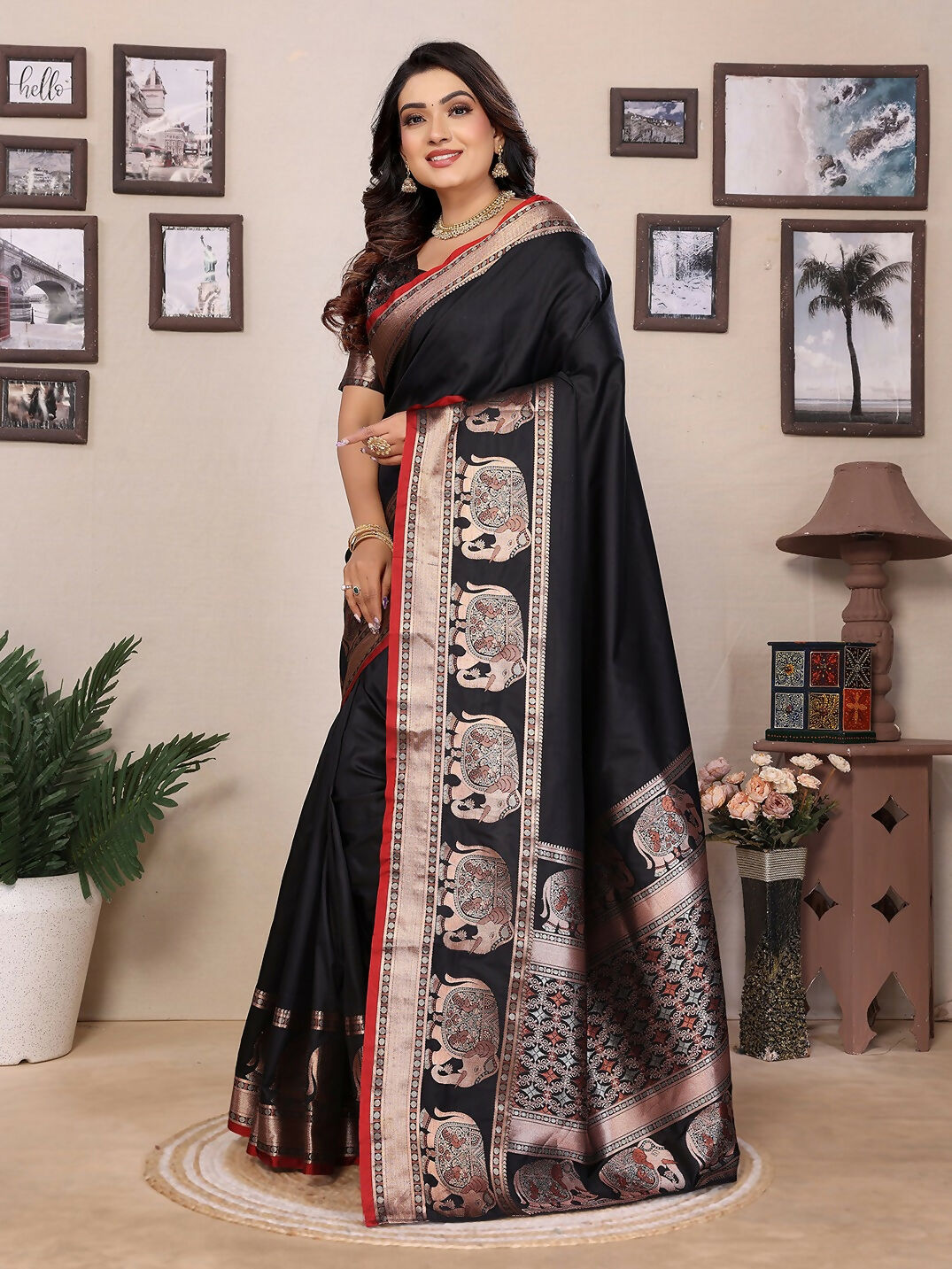 Joban Fashion Black Solid Banarasi Silk Sarees