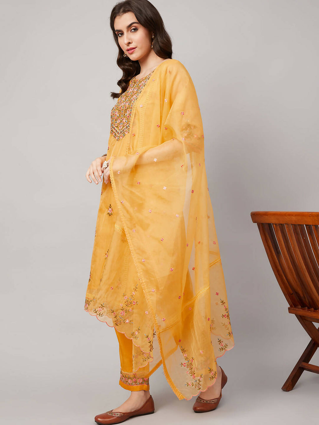 Yellow Organza Embroidered Kurta with Bottom & Dupatta - Salimar