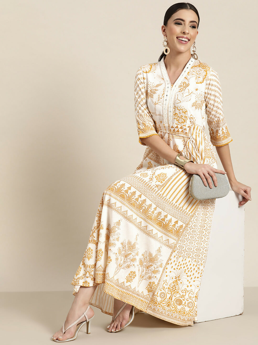 Juniper Mustard Printed Rayon Lacy Maxi Dress With Mirror Embroidered Neckline & Tassels At Waist