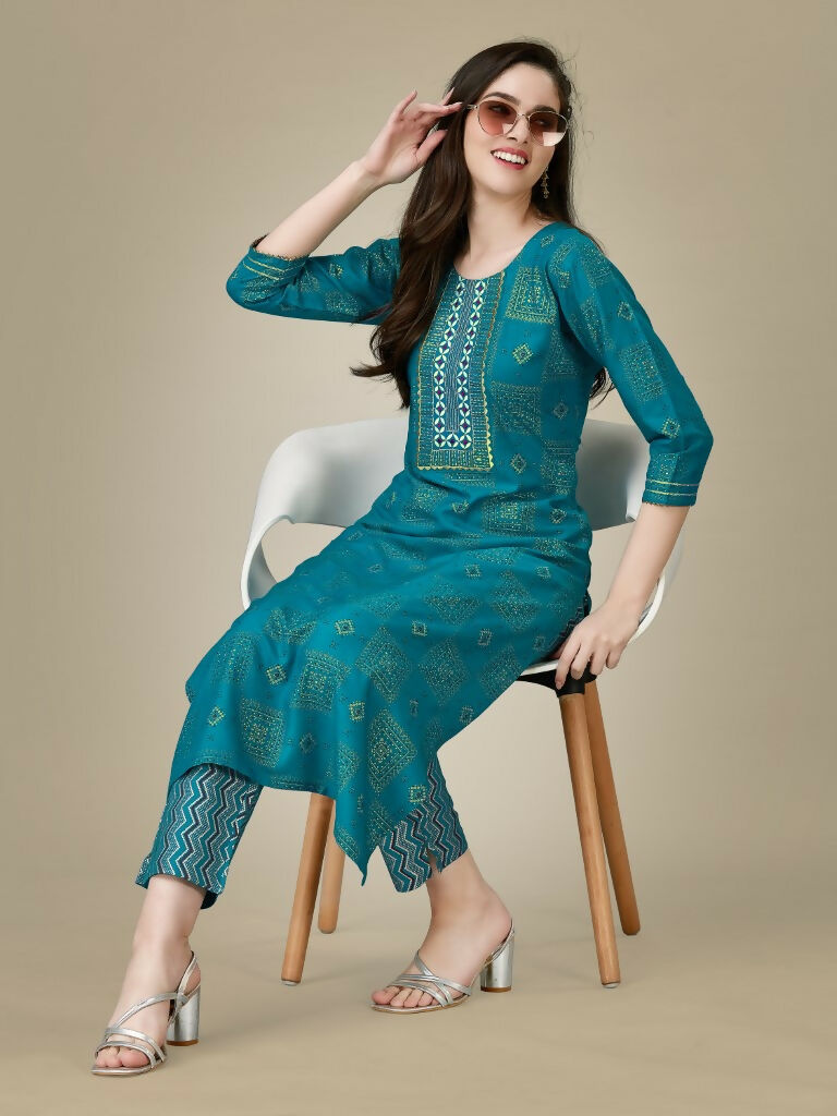 Jyoti Fashion Women's Rama Rayon Embroidered Kurta Pant Set