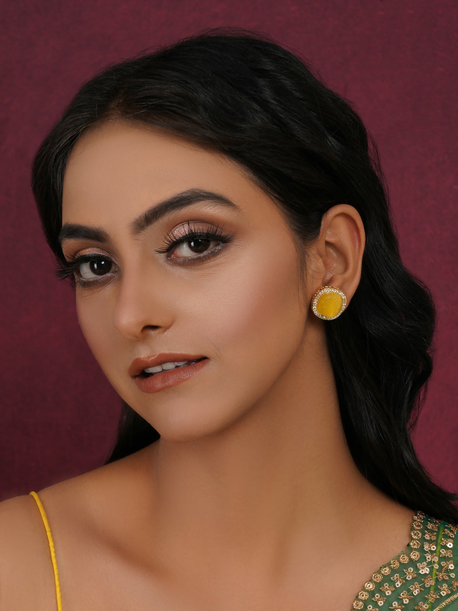 Yellow Stone Kundan Studs (yellow) - Ruby Raang
