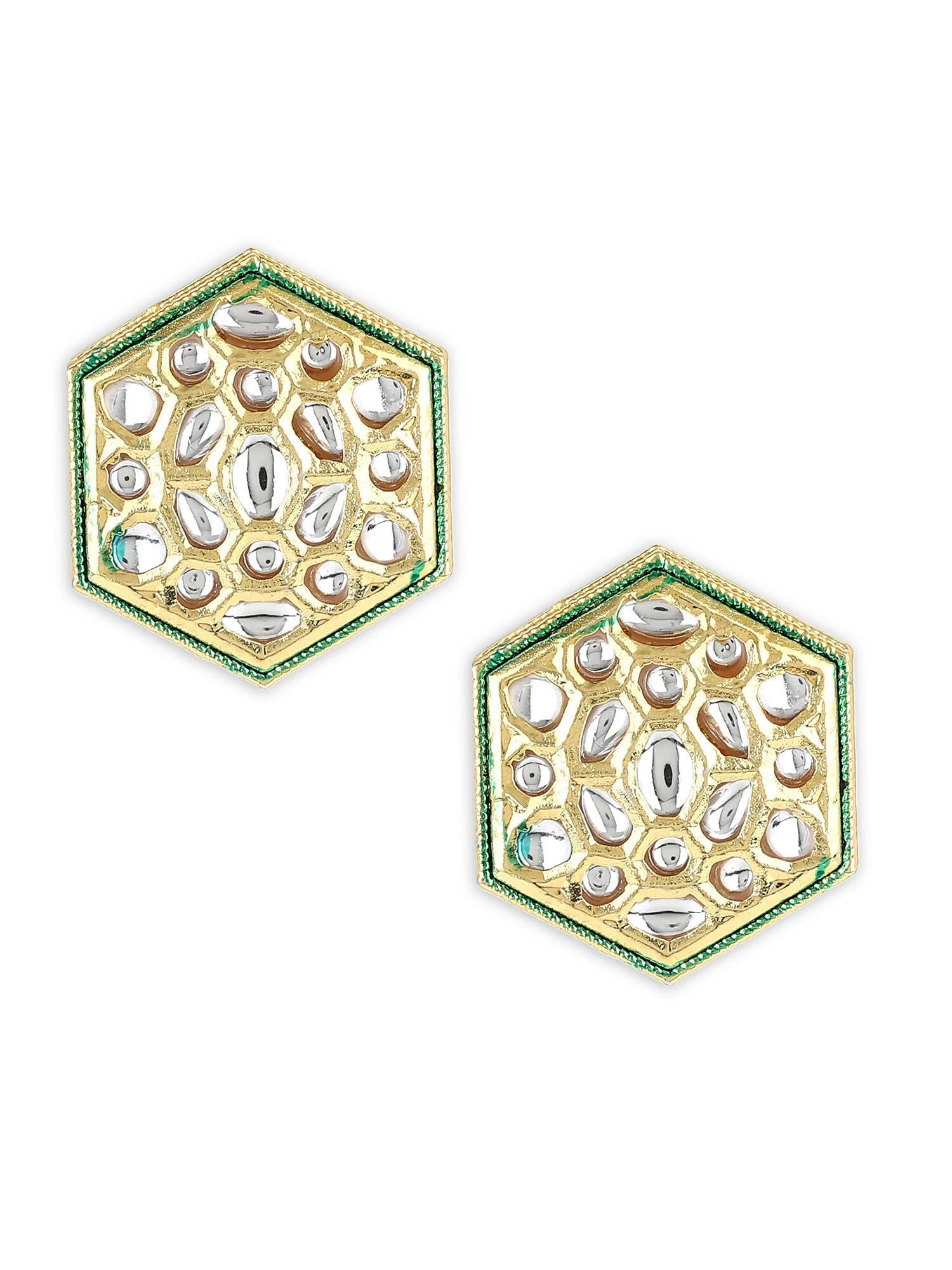 Gold-Toned White Kundan Contemporary Gold-Polished Studs Earrings - Ruby Raang