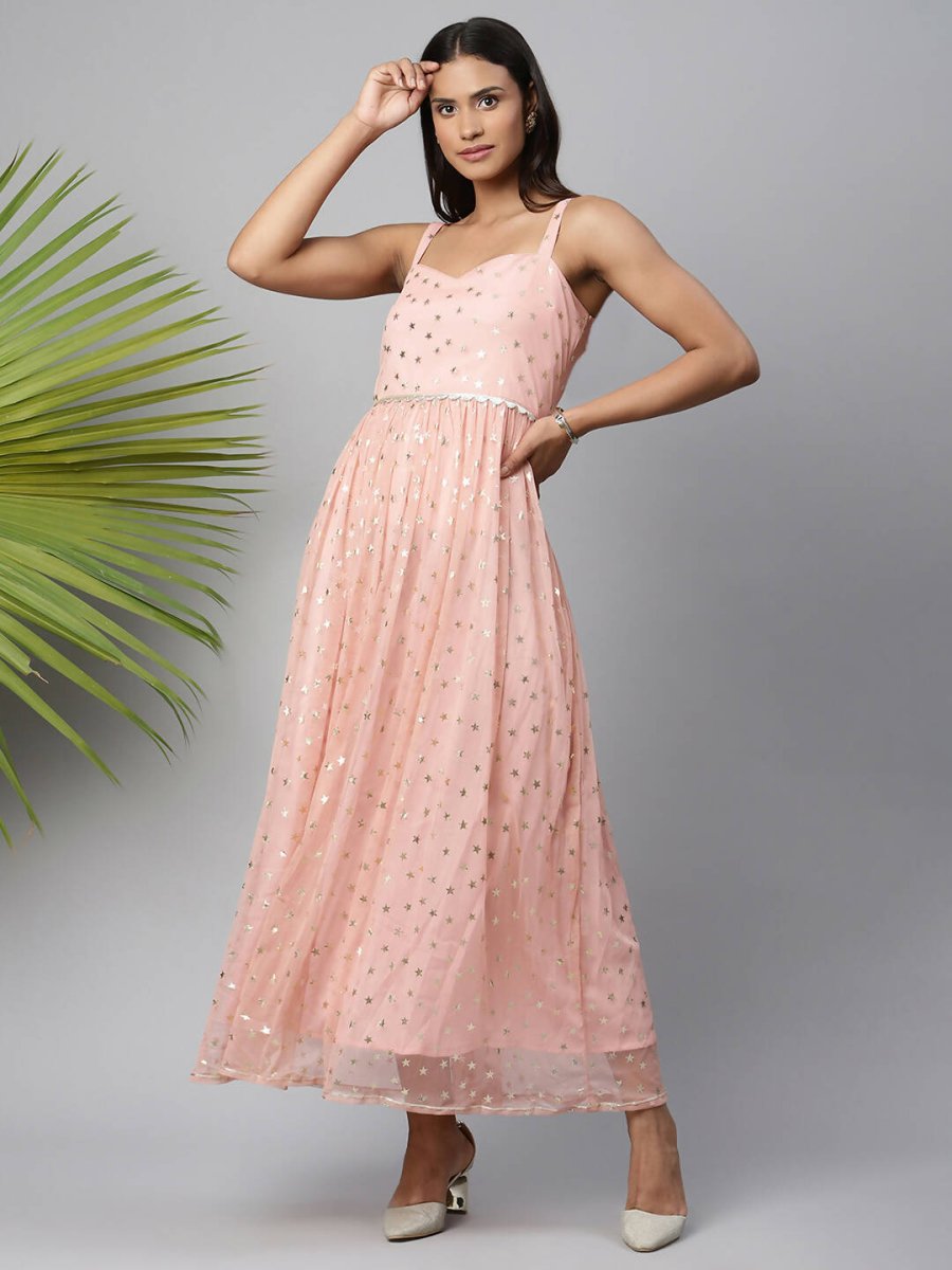 Ahalyaa Women Pink Net Gold Foil Print Dress