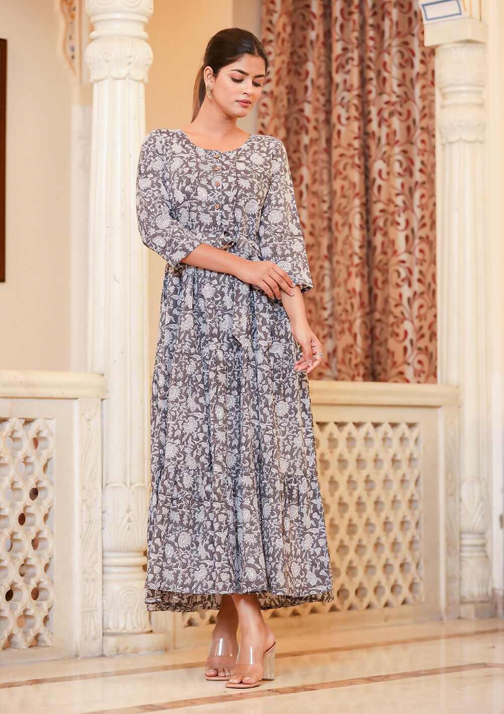 Kaajh Women's Grey Ethnic Floral Hand Block Print Cotton Dress