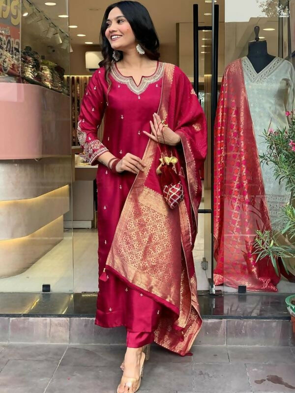 The52 Maroon Beautiful Embroidered Viscose Chanderi Fabric Straight Kurta Pant with Dupatta Set
